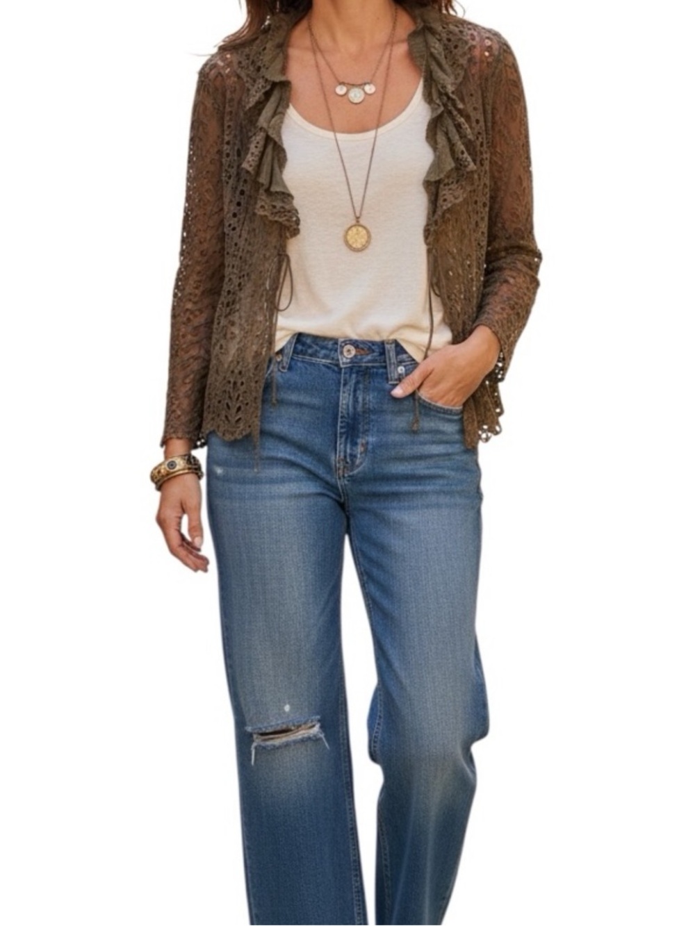 Elie Tahari 100% Silk Eyelet Lace Light Embroidered Cardigan